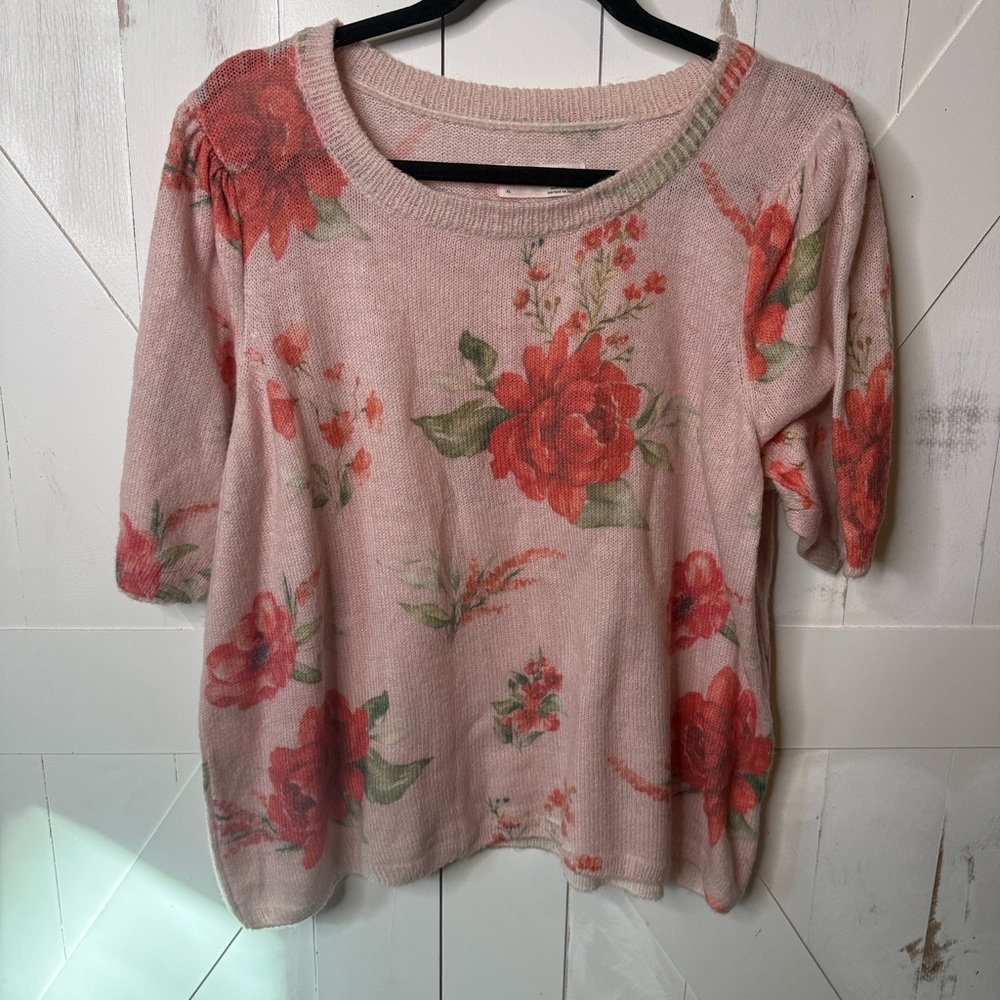 Anthropologie Pink Floral Rose Crew Neck Short Sleeve Sweater - Picture 2 of 7